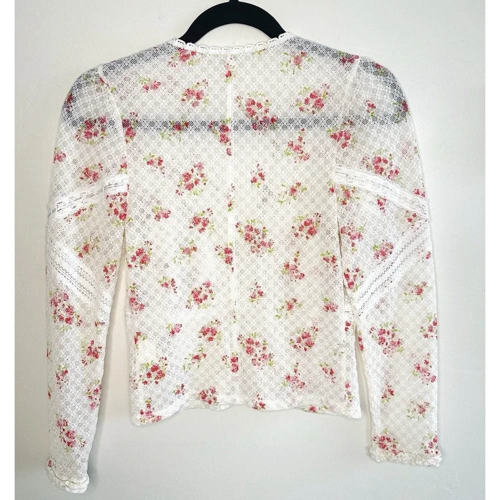 Free People Kika Printed Top Floral Lace Cardigan White Pink M Coquette Cutecore - Picture 10 of 16